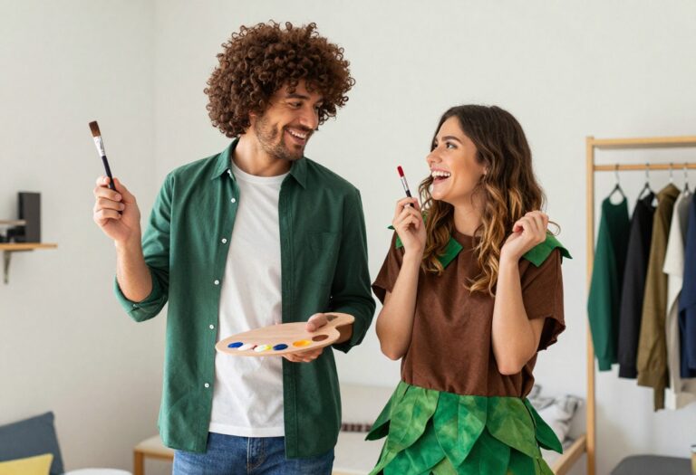 College couple dressed as Bob Ross and a tree for Halloween