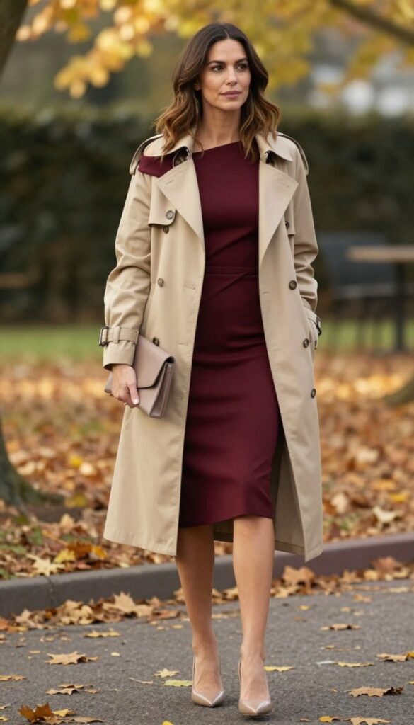6. Burgundy Off-Shoulder Dress with Trench Coat