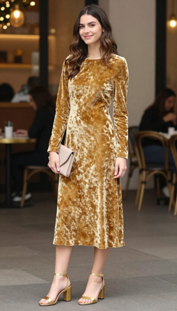8. Velvet Gold Dress with Block Heels