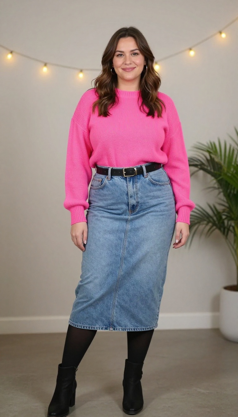 13. Denim Skirt with a Neon Sweater