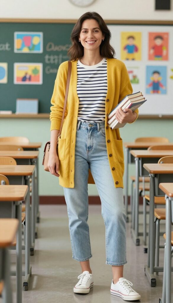 1. Colorful Cardigan + Striped Tee + Cropped Jeans