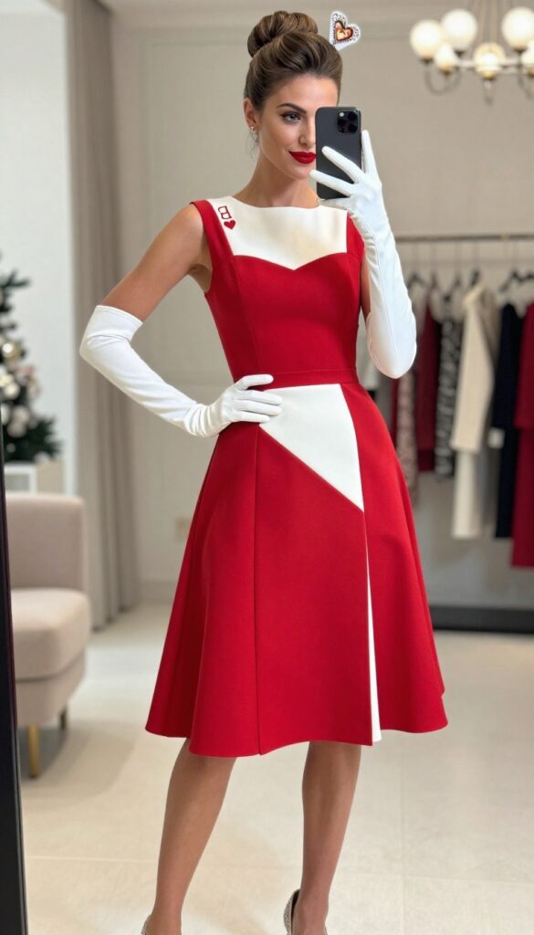 Tall woman in elegant red and white Queen of Hearts costume with heart crown and white gloves, taking a mirror selfie at a chic Halloween party.
