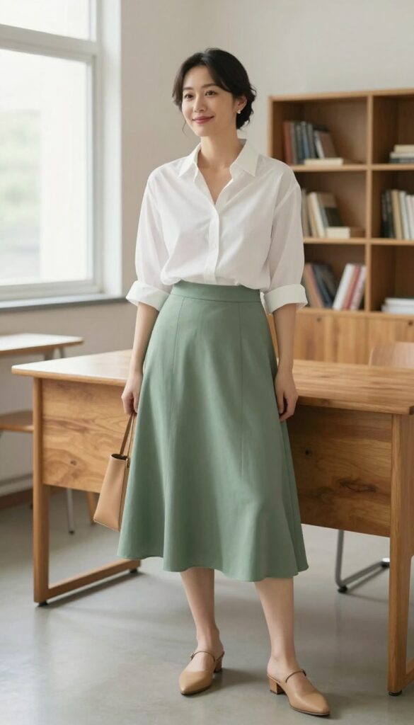 7. The Midi Skirt and Button-Up Shirt