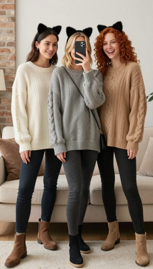 Three women in cream, grey, and tan chunky knit sweaters with cat ears and tails, posing for a mirror selfie in a cozy living room, wearing jeans and boots, looking happy and comfortable.