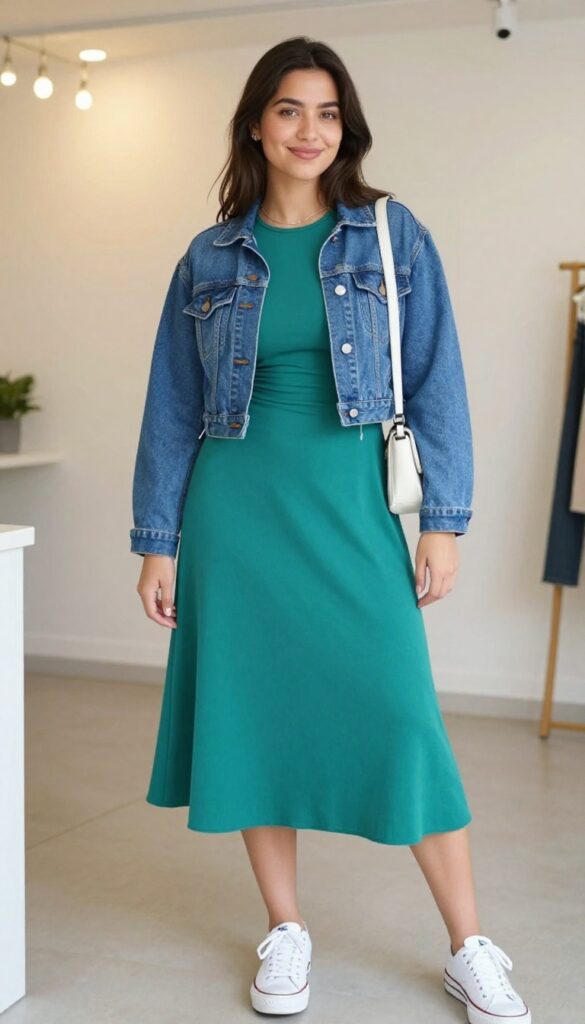 2. Teal A-Line Dress with Denim Jacket