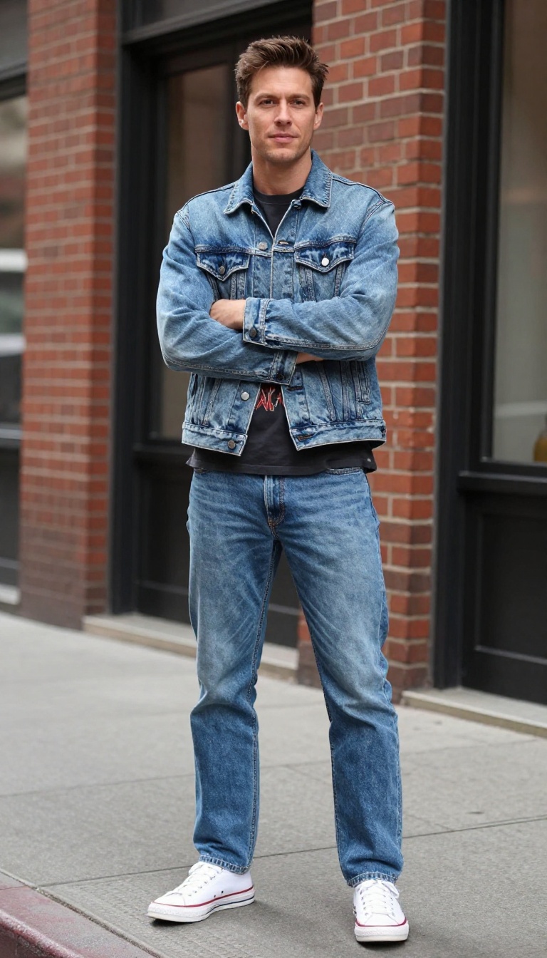 2. Acid-Wash Denim Jacket Over a Graphic Tee