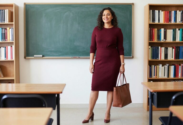 Curvy teacher wearing a burgundy knit dress and heels in a classroom