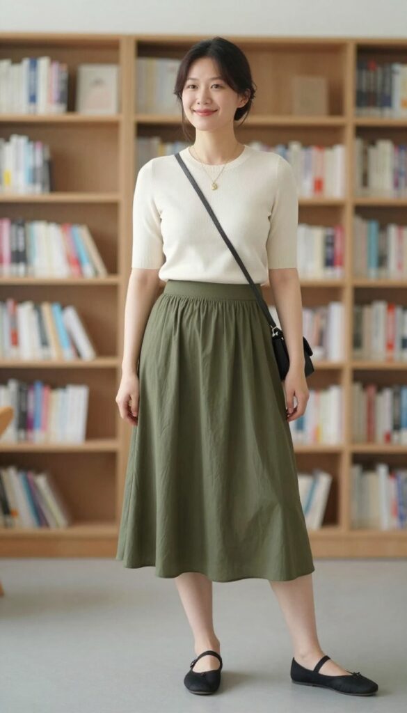 2. Midi Skirt + Knit Top + Ballet Flats