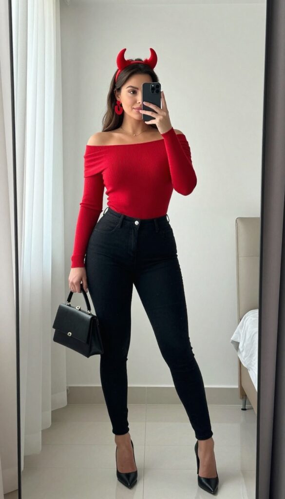 Woman in a red off-shoulder sweater and black jeans taking a mirror selfie, wearing a red headband with devil horns and red earrings, in a bright bedroom.