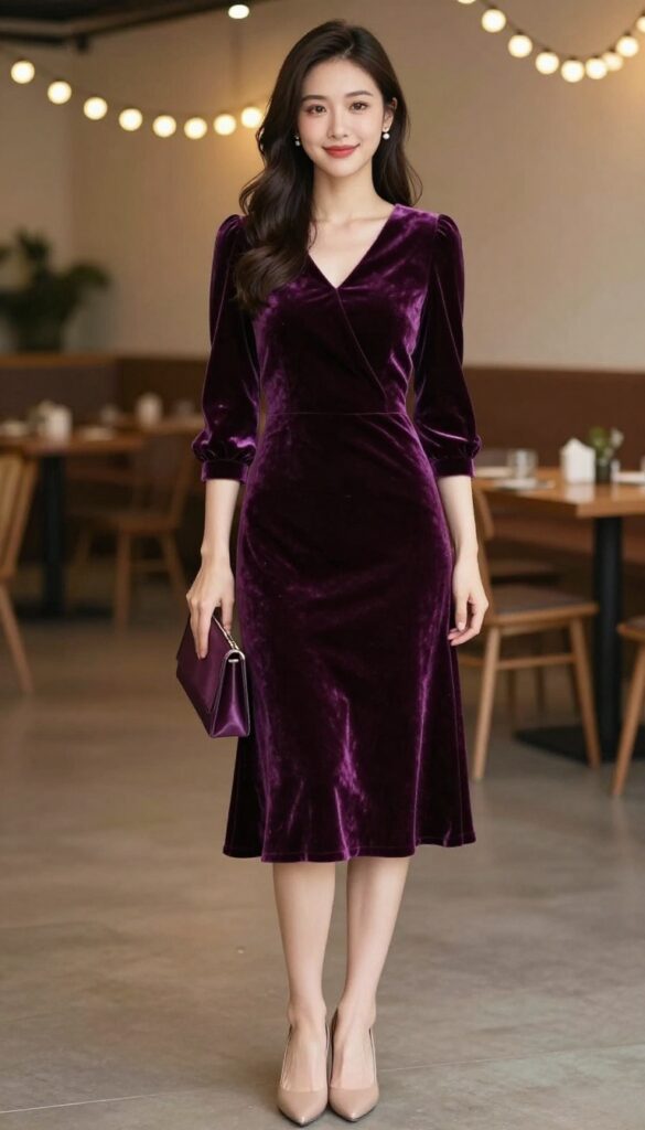 8. Elegant Velvet Dress with Bishop Sleeves