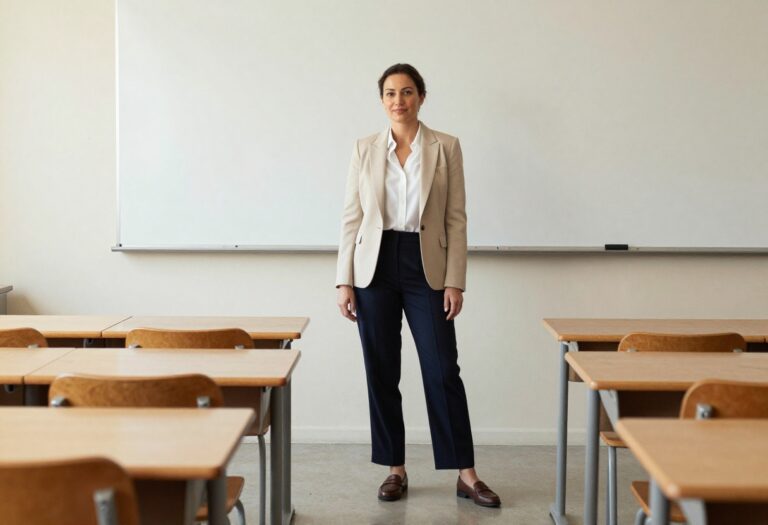 Modern teacher outfit with blazer and trousers in a classroom
