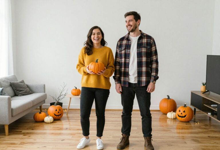 Couple in cozy fall outfits laughing together with Halloween decorations in the background