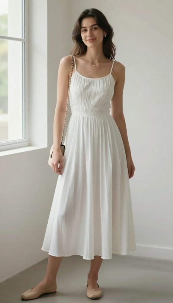 9. Pleated Midi Dress with Ballet Flats