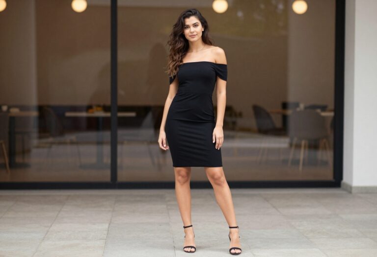 Woman in a chic black homecoming dress with strappy heels, posing elegantly in a softly lit venue