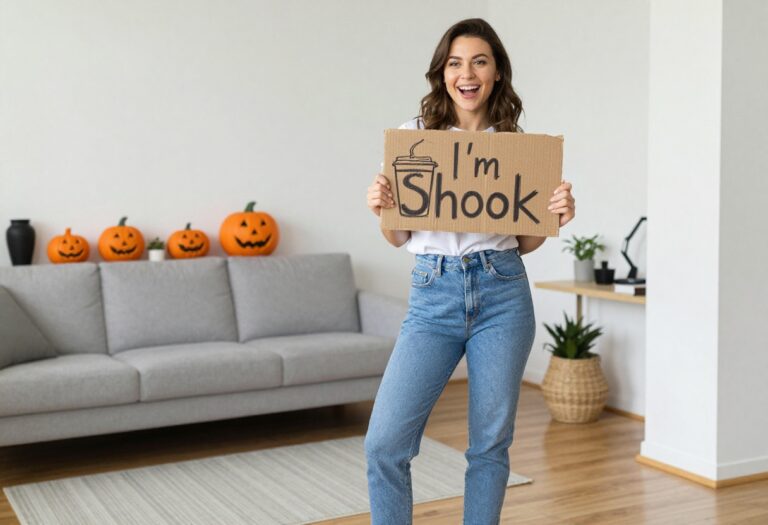 Woman holding a funny Halloween sign that says I'm Shook, wearing casual jeans and a t-shirt
