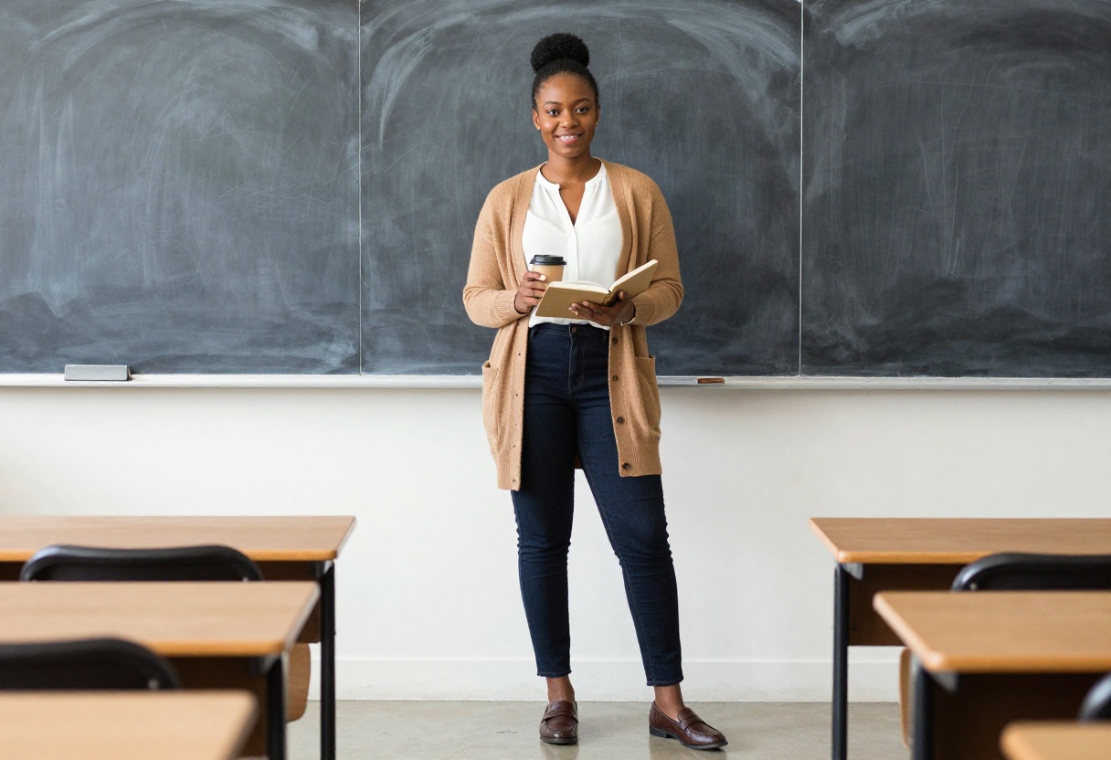 Black woman teacher in a camel cardigan and jeans standing in a classroom