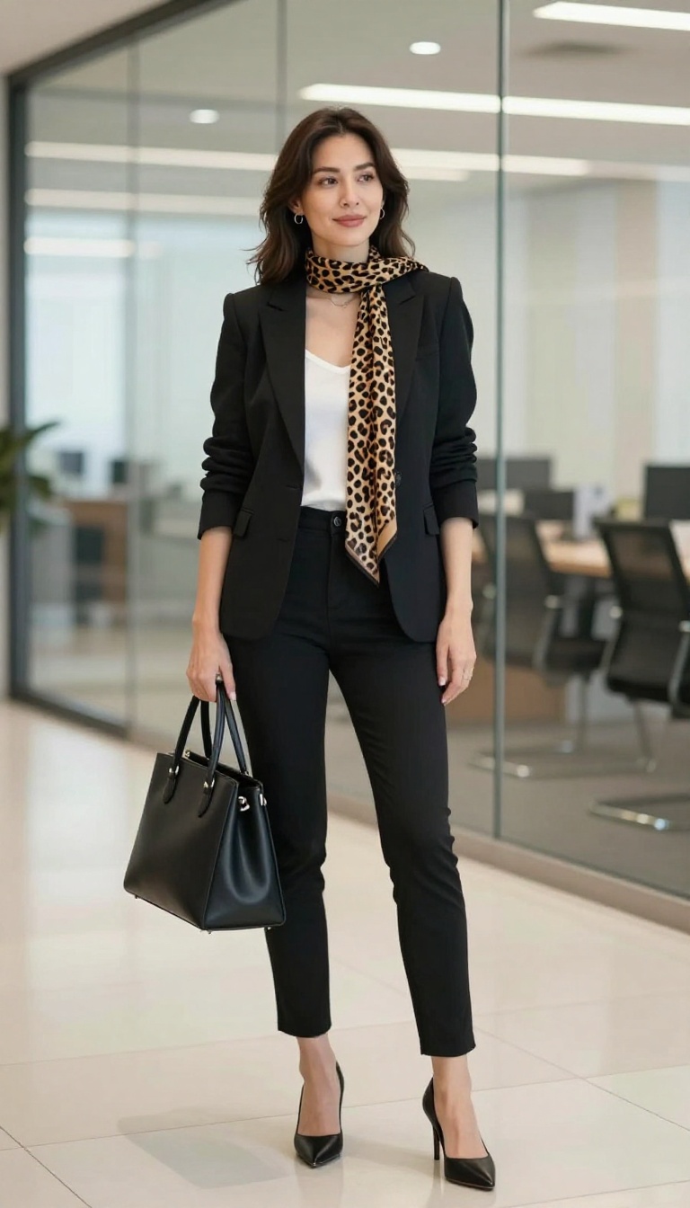 8. Bold Shoulder Blazer and Skinny Scarf