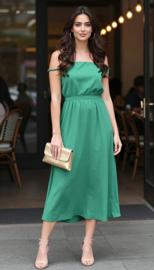 12. Seafoam Green Off-the-Shoulder Dress with Hoop Earrings