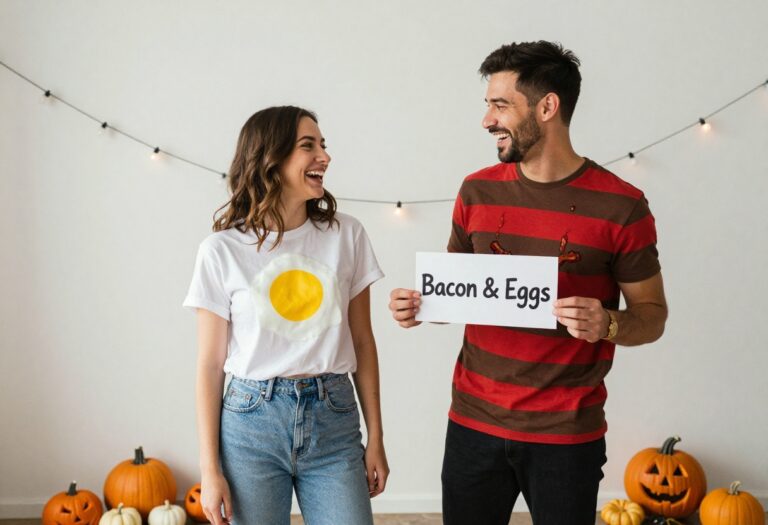 Couple dressed as bacon and eggs laughing at a Halloween party