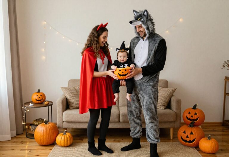 Couple and baby in matching Halloween costumes, laughing together in a decorated living room