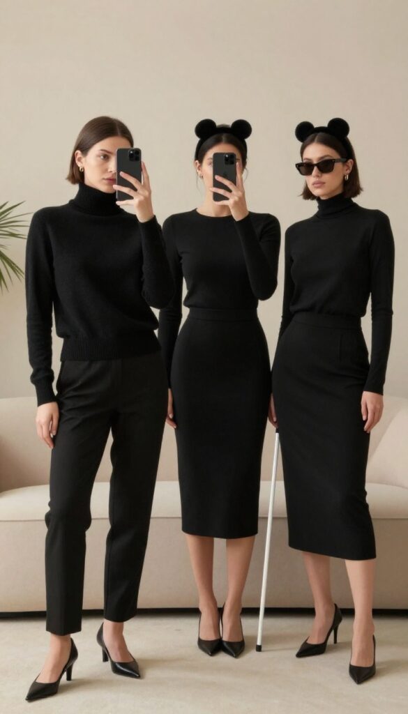 Three women in all-black minimalist outfits with mouse ear headbands and dark sunglasses, taking a mirror selfie in a bright, modern apartment.