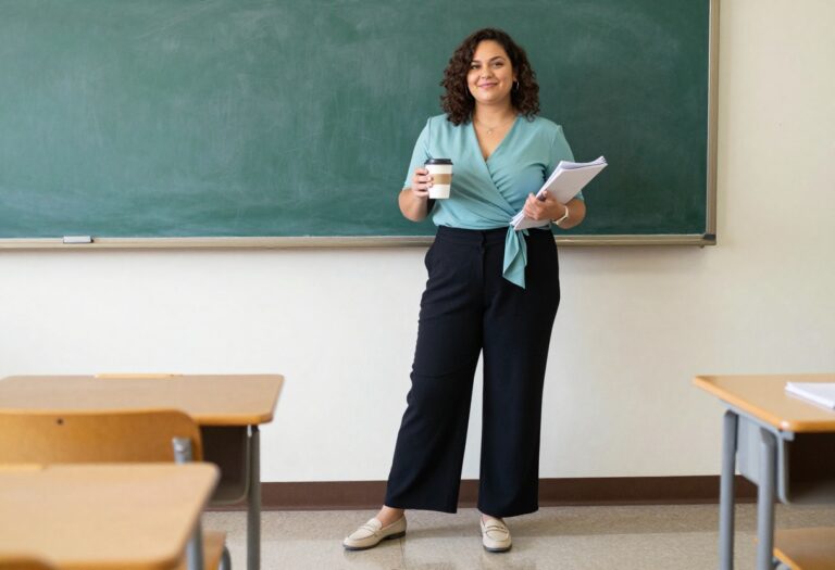Plus size teacher in a teal wrap top and wide-leg trousers standing in a classroom