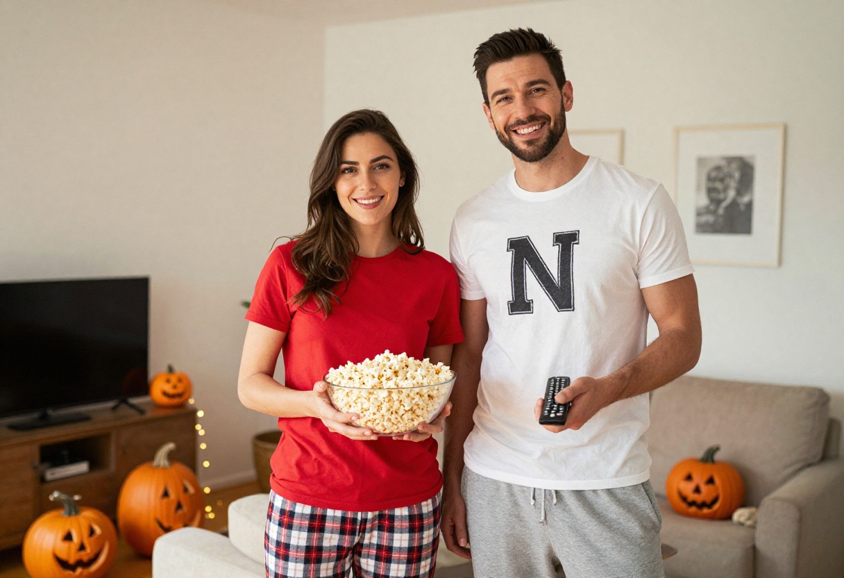 Couple in Netflix and Chill Halloween costumes, wearing red and white t-shirts with 'N' letters, holding popcorn and remote in a cozy living room.