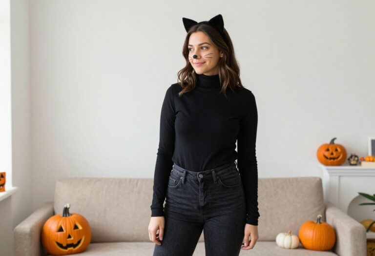 Woman wearing a cute black cat Halloween costume with cat ears and drawn-on whiskers, standing in a cozy living room with Halloween decorations.