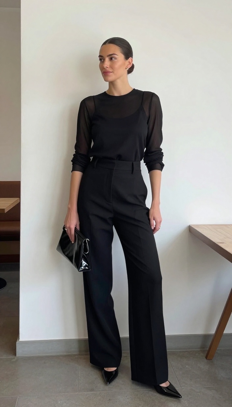 8. Sheer Sleeves and High-Waisted Trousers