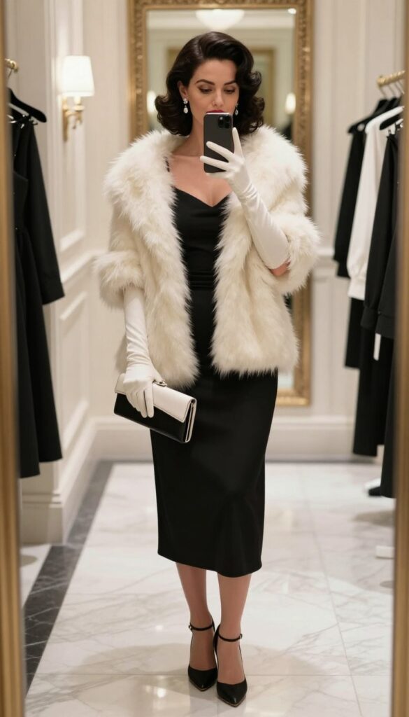 Vintage Hollywood starlet in a black slip dress, white gloves, and faux fur stole, posing for a mirror selfie in a glamorous hotel corridor.