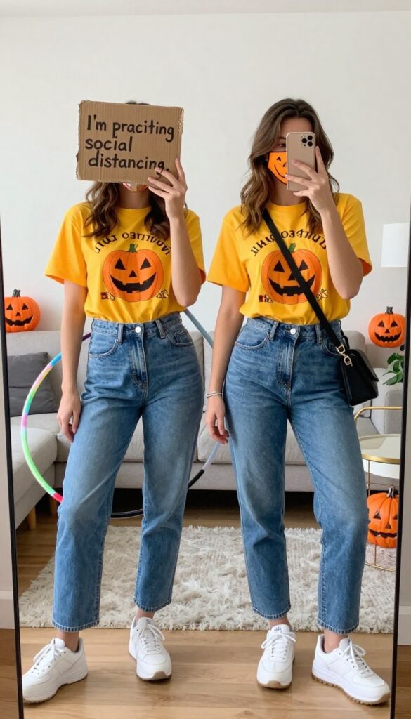 A young woman in a mustard graphic tee and jeans holds a hula hoop and a sign about social distancing, taking a mirror selfie in a bright living room with Halloween decor.
