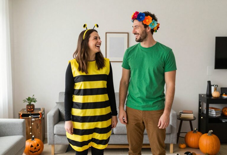 Couple wearing simple bee and flower Halloween costumes, laughing together in a cozy living room