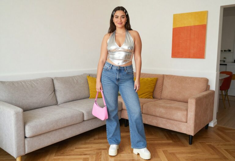 Woman in Y2K outfit with metallic top and low-rise jeans posing in a living room