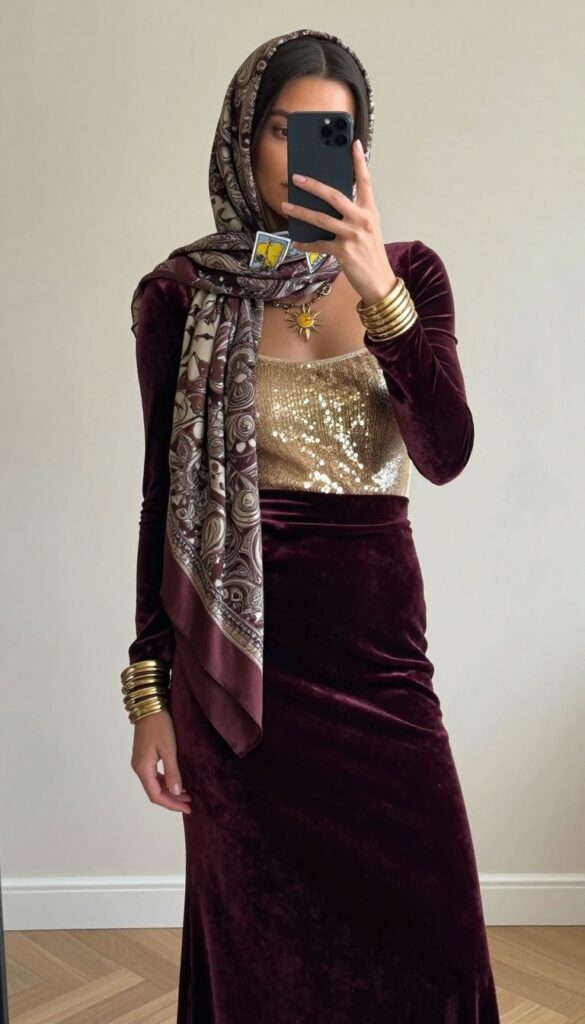 Tall woman in a burgundy velvet maxi skirt and gold sequin top, accessorized with a patterned headscarf, gold bangles, and a pendant necklace, taking a mirror selfie in a bright room.
