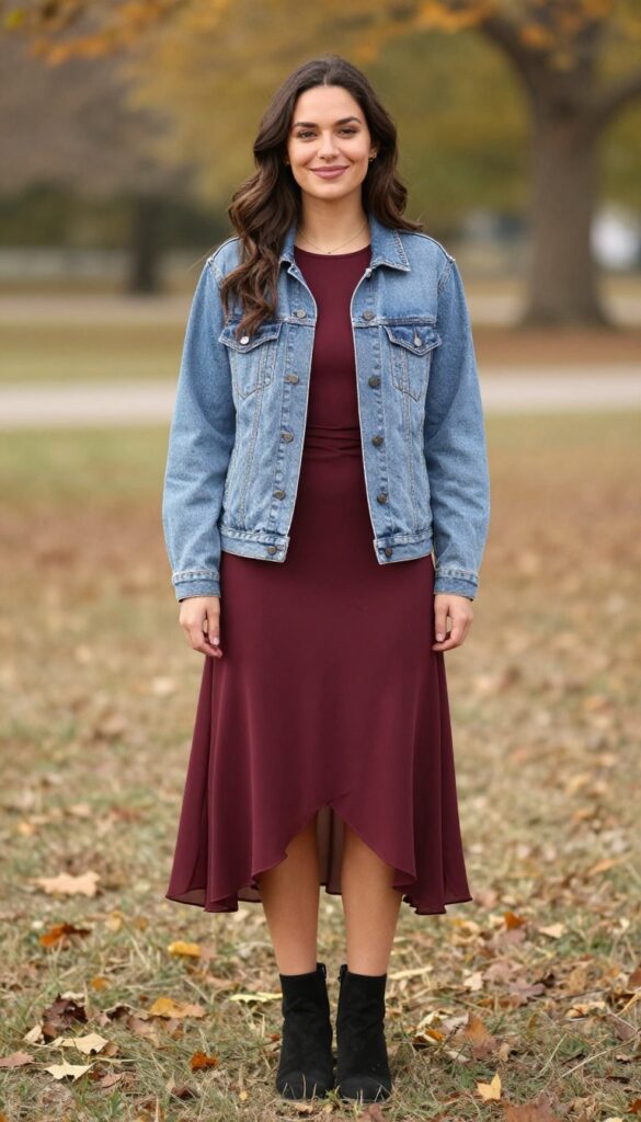 11. Burgundy High-Low Dress with Ankle Boots
