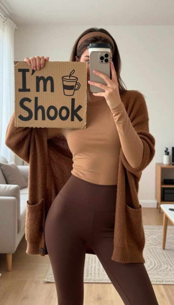 A tall woman in a brown cardigan and leggings, wearing a coffee cup lid as a hat, holding a sign that says 'I'm Shook', taking a mirror selfie in a bright room.