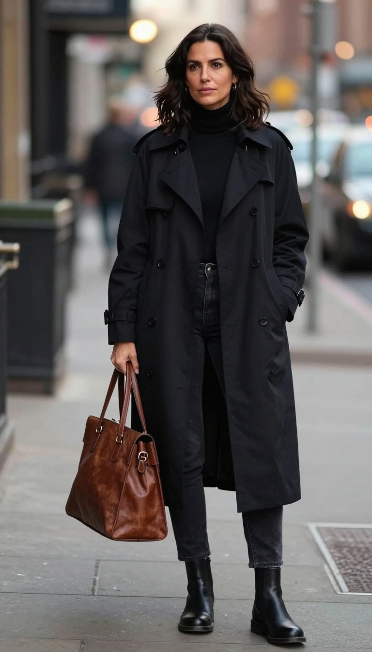 7. Travel-Ready Vamp: Trench Coat & Dark Denim