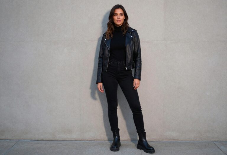 Woman in sleek all-black baddie Halloween outfit with leather jacket and boots