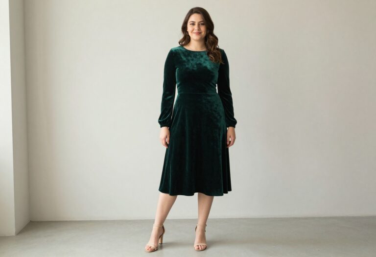 Woman in emerald velvet long sleeve homecoming dress with heels
