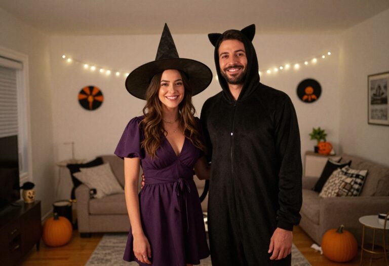 Couple in witch and black cat Halloween costumes smiling in a decorated living room