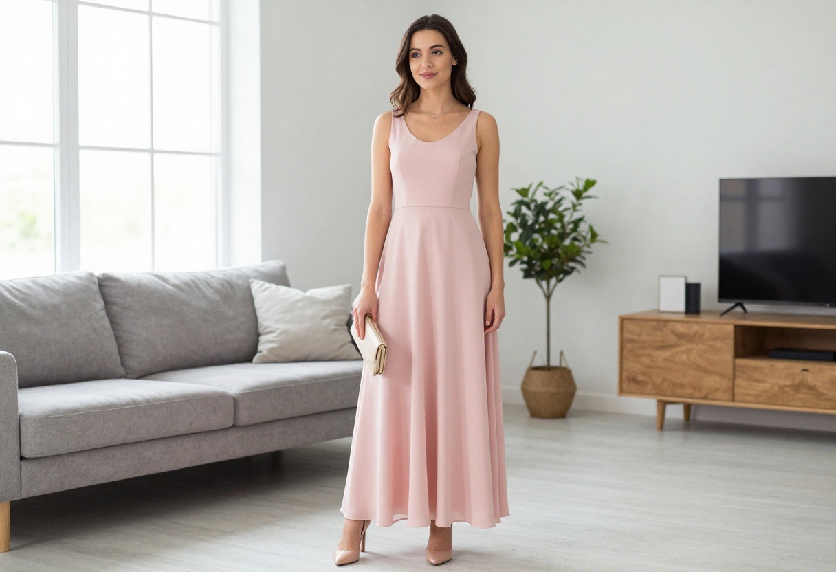 Young woman in a pastel pink long homecoming dress standing in a bright living room