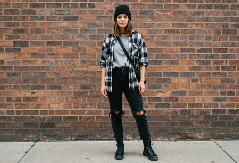 Woman wearing 80s grunge outfit with flannel shirt, band tee, ripped jeans, and combat boots