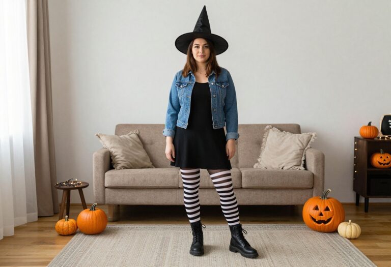 Woman wearing a DIY witch costume with a denim jacket and witch hat, standing in a living room with Halloween decorations.