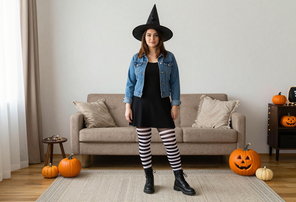 Woman wearing a DIY witch costume with a denim jacket and witch hat, standing in a living room with Halloween decorations.