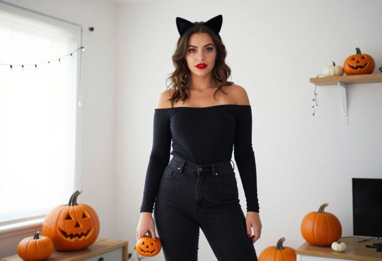 College woman in a modern black cat Halloween costume with cat ears and red lipstick, standing in a decorated dorm room.