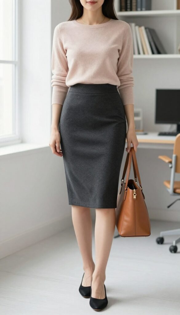13. Pencil Skirt with a Soft Sweater and Flats