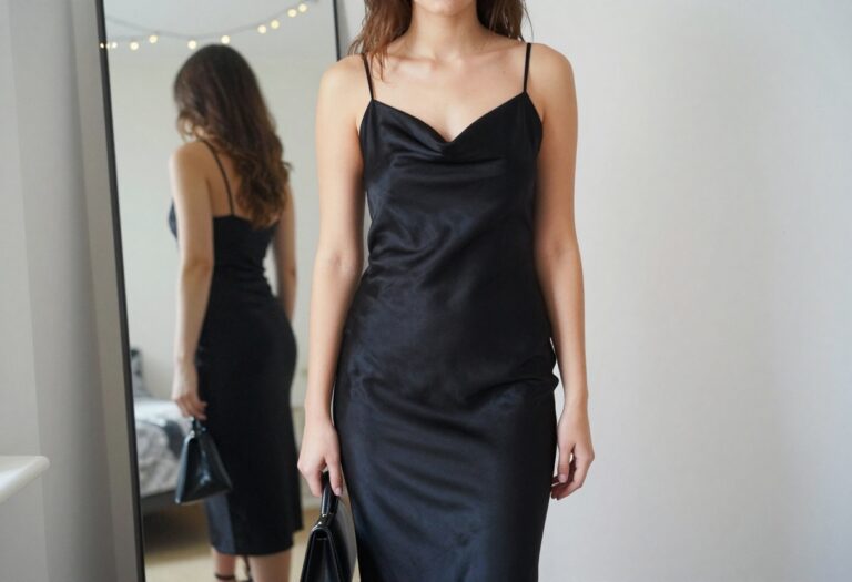 Woman in black satin slip dress with cowl neckline, posing in bedroom with string lights