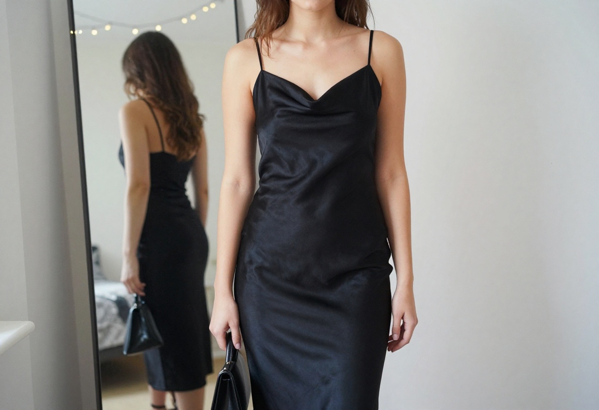 Woman in black satin slip dress with cowl neckline, posing in bedroom with string lights