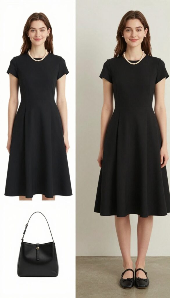 8. Black A-Line Dress with Pearl Accessories