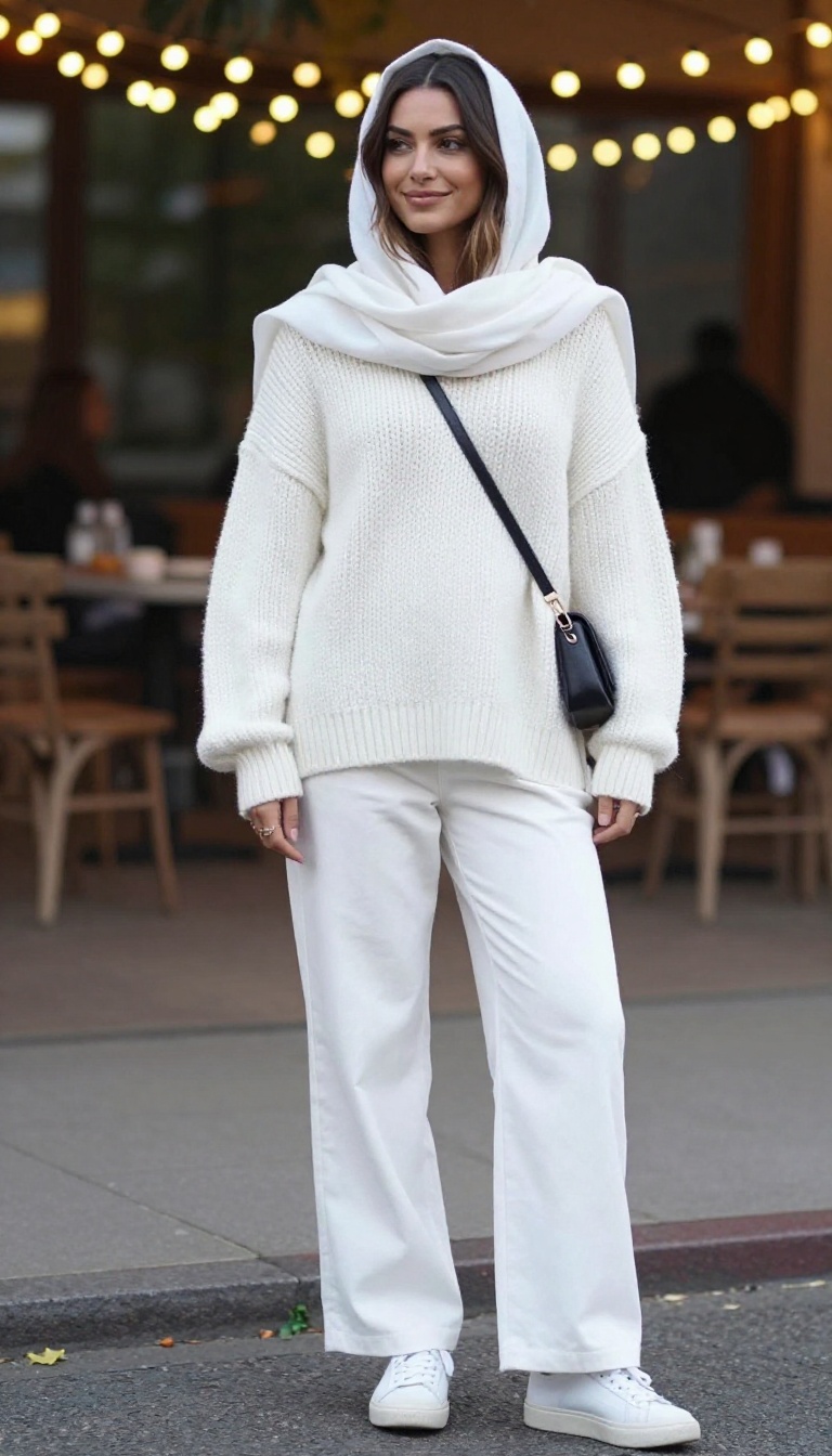 3. The Cozy Ghost: White Knit & Sheer Layers
